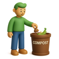 3D Icon of Cartoon Character Adding Waste to Compost Bin png