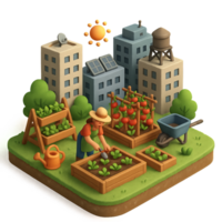 Simple Urban Farming Concept with Buildings and Garden Elements png