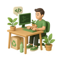 A man sitting at a desk with a computer and a plant png