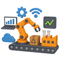 3D Smart Factory Scene with Robot Arm and Data Visualization Elements png