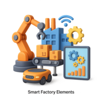 Modern 3D Smart Factory Scene with Engaging Elements and Tools png