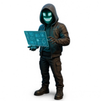 futurista cyberpunk hacker com brilhando tela e sorridente face png