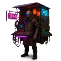 Cyberpunk Marketplace Scene with Futuristic Vendor and Neon Lights png