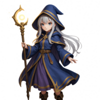 Silver Haired Anime Mage with Staff in Enchanted Background png
