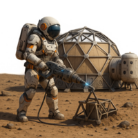 Astronaut Working on Simple Base Design in Alien World Landscape png