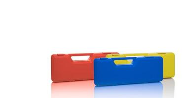 Plastic toolbox isolated on white background perfect for construction professionals and DIY home improvement. Tool storage box. Handyman services and workshop equipment. Portable toolbox container. photo
