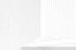 Minimal White Marble Table Corner with Vertical Wooden Slat Wall Background, Suitable for Product Presentation Backdrop, Display, and Mock up. photo
