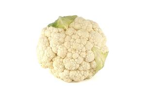 A whole, fresh cauliflower head isolated against a clean white background, ready for cooking. photo