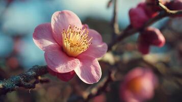 Natural flower on tree branch glowing in soft bokeh image photo