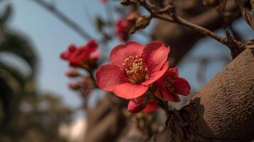 Flower with delicate detail resting on vibrant tree branch image photo