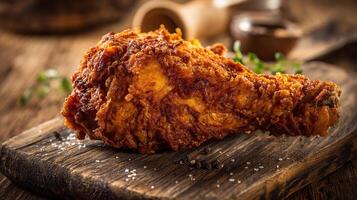 Rustic table with realistic fried chicken leg photo