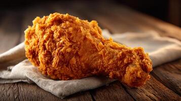 Photorealistic fried chicken leg on rustic wood photo