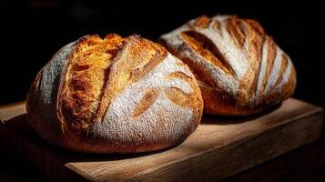 Tasty bread loaf image with flour dust on wooden base photo
