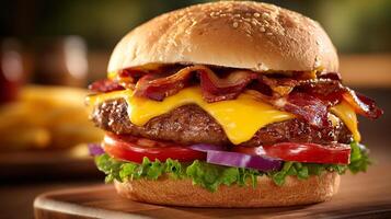 Crisp closeup photo of cheeseburger with melted cheese slice