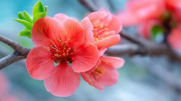 Sharp macro image of flower blooming on tree branch in light photo