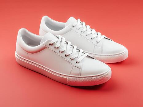 Fresco blanco zapatillas desplegado en contra un vibrante rojo antecedentes foto