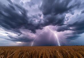Rolling clouds in wheat field during dusk photo