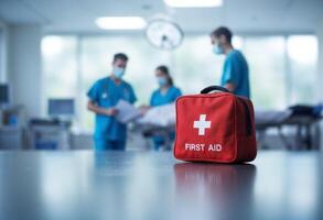 A first aid kit on a table in a hospital photo