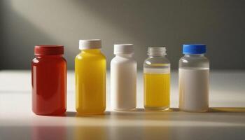 A group of different colored liquid bottles on a table photo