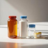 Three bottles of milk and a pill bottle on a table photo