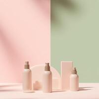 Pink and green cosmetic products on a table photo