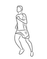 Line art of a man running in athletic clothes and sneakers. The figure is in motion, with one leg forward and one arm bent, showing dynamic movement. vector