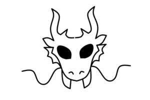 A minimalistic black and white dragon head illustration with alien-like eyes, curled horns, and flowing whiskers in a simple line art style. vector