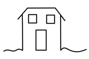 A minimalist house line drawing with two windows and a tall door, standing on wavy ground simple, cozy, and full of quiet charm and symmetry. vector