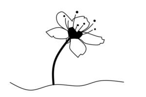 A graceful line art flower blooming from the earth, with delicate petals and dotted stamens symbolizing quiet beauty and strength in simplicity. vector