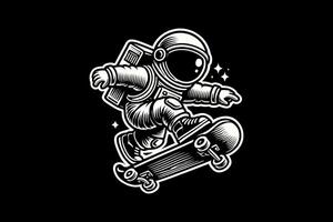funny astronaut riding a skateboard on a black background vector