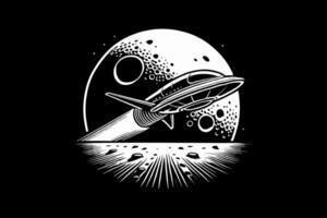 A black and white logo of a rocket flying over the moon vector