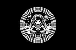 A black and white logo with an astronaut in space vector