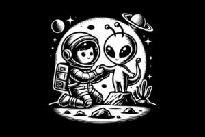 An astronaut and an alien are holding hands vector