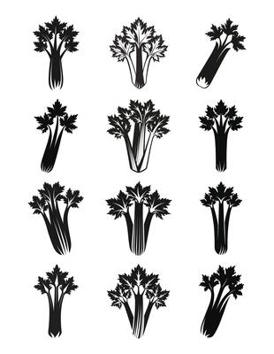 Black and white silhouettes of various types of vegetables