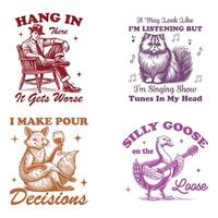 Four t - shirts with different animals and phrases vector