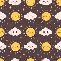 Cute seamless pattern with cloud and sun characters. Design for textile, wallpaper, wrapping paper, background, card. vector
