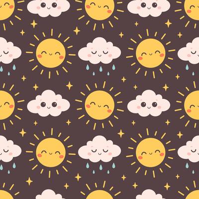 Cute seamless pattern with cloud and sun characters. Design for textile, wallpaper, wrapping paper, background, card.