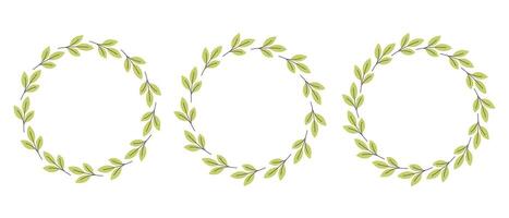 Cute gently simple flower circle frame. Hand drawn botanical round border, green branches wreath, laurel. Design for invitation, card, banner, logo vector