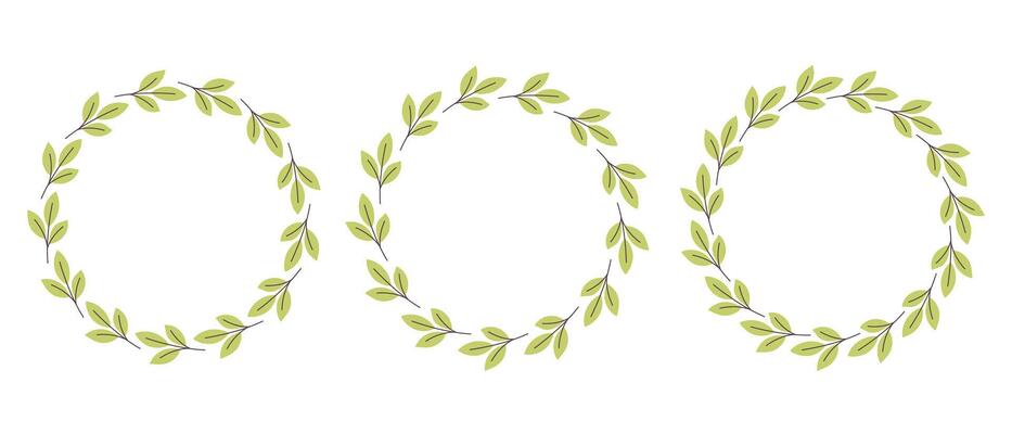 Cute gently simple flower circle frame. Hand drawn botanical round border, green branches wreath, laurel. Design for invitation, card, banner, logo
