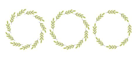 Gently simple flower circle frame. Hand drawn botanical round border, green branches wreath, laurel. Design for invitation, card, banner, logo vector