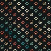 Green, orange nature colored doodle paw prints and hearts. Seamless fabric design pattern vector