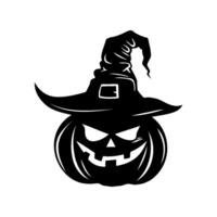 Silhouette Halloween pumpkin with a witch's hat on top. The pumpkin has a scary face with a wicked grin and a wicked eye. isolated on white background. vector