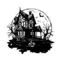 Halloween house with bats flying around it and a pumpkin on the ground. Scene is spooky. silhouette isolated on white background. vector