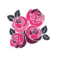 A Charming Bouquet of Four Stylized Pink and Purple Roses with Dark Teal Leaves, Arranged Elegantly vector