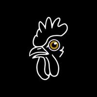 A Minimalist White Outline Illustration of a Rooster's Head with a Vibrant Golden Eye, Set Against a Solid Black Background vector