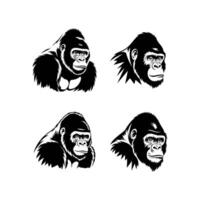 A Majestic Set of Four Black and White Gorilla Head and Upper Body Illustrations, Each Depicting a Unique and Powerful Expression vector