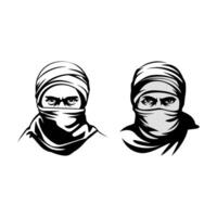 Intense Black and White Illustrations of Men with Faces Obscured by Headwraps, Revealing Only Piercing Eyes vector