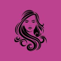 Minimalist Black Silhouette of a Woman's Head with Long, Flowing, Wavy Hair Against a Bold Pink Background vector
