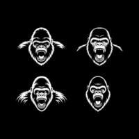 An Assertive Quadruple Set of White Gorilla Head Illustrations with Open Mouths and Ferocious Expressions on a Bold Black Background vector