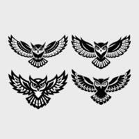 Captivating Collection of Four Distinct Black and White Stylized Owl Illustrations in Flight with Intricate Wing Patterns vector